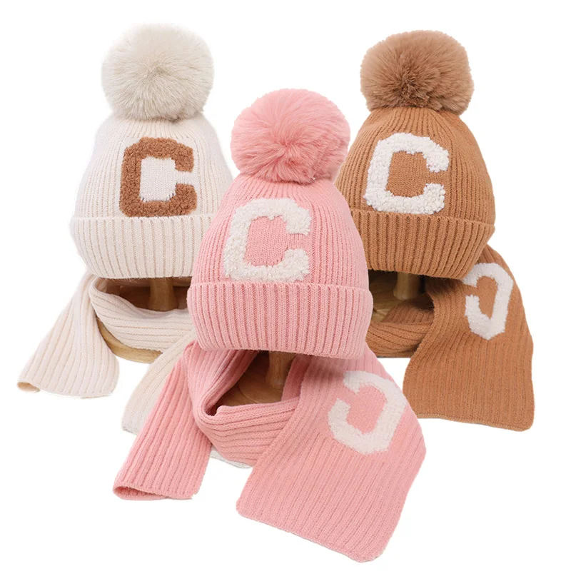 

Winter Baby Hat Scarf Set Pompom Kids Knitted Hats Neck Warmer Suit Baby Beanie Children Cap for Girls Boys Accessories 2-8Y
