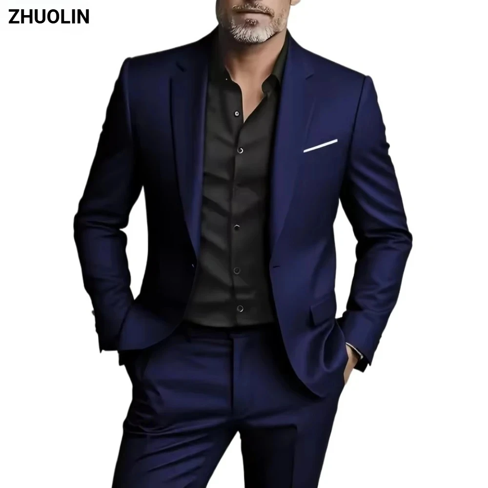 Фото Классический элегантный мужской костюм-двойка Slim Fit: пиджак и брюки. Формальный наряд для свадьбы, модный деловой костюм 2026. №2