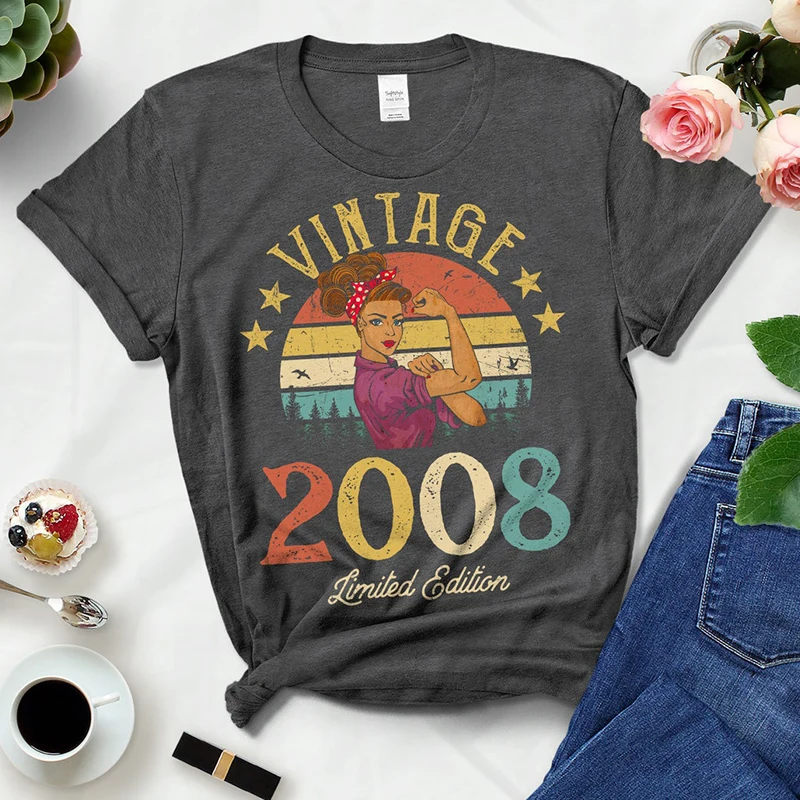

Vintage 2008 Limited Edition Women T Shirt 15th 15 Years Old Birthday Party Girlfriend Gift Cotton Black T-shirt Ladies Clothes