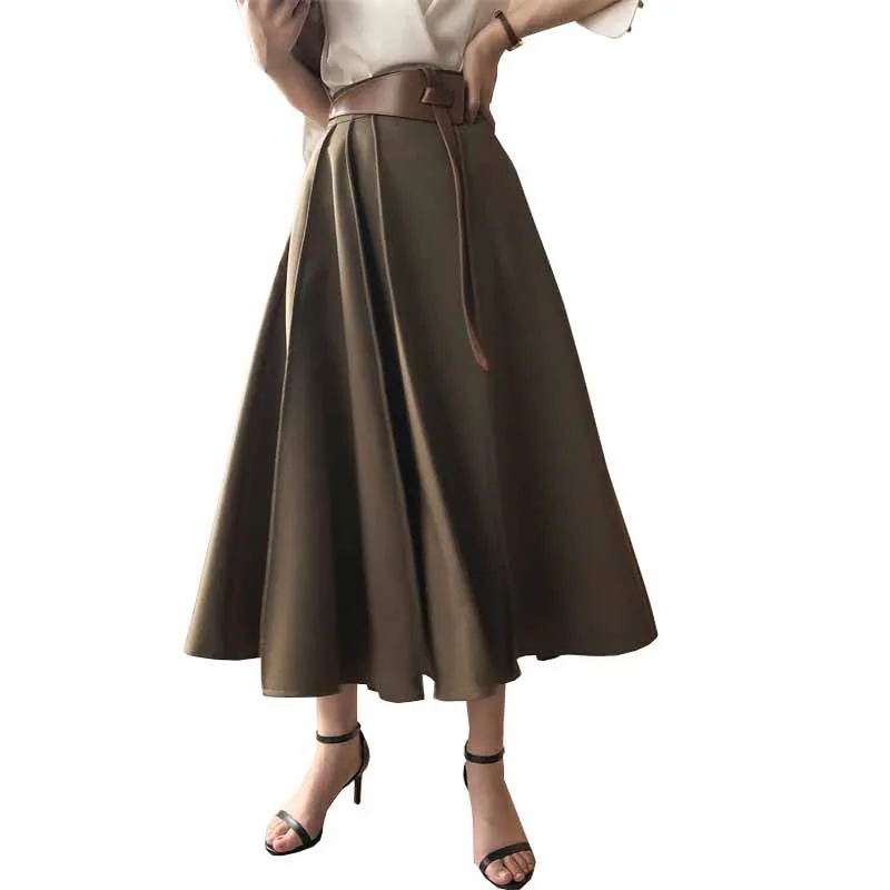 

Women's High Waist Splicing Pleated Skirt 2022 Spring Autumn French Hepburn Belt Large Swing A-Line Long Umbrella Skirts JH224