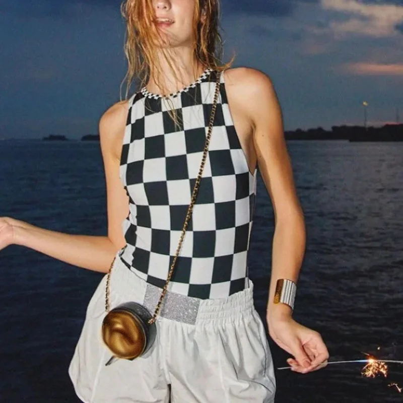 

2023 Runway Black White Checkered One-piece Swimsuit Hand-woven Neckline Sexy Backless Jumpsuit Elastic Swim Suits Women Bikinis