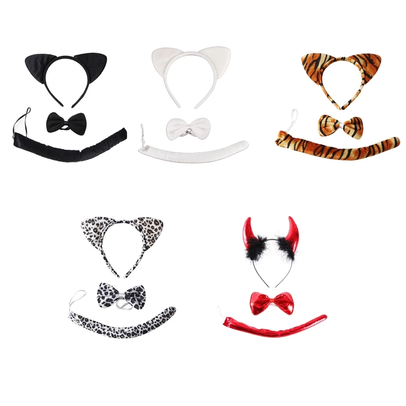 

Animal Ears Headband Tail Bowtie Tiger Leopard Devil Theme Party Costume Accessories Set Lovely Cosplay Headpiece