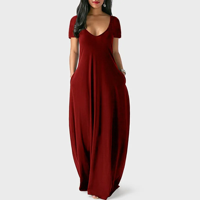 Купи S-5XL Women Casual Dresses Ladies Fashion Loose Sexy V-Neck Fall Clothes Casual Maxi Solid Color Plus Size Long Dress за 454 рублей в магазине AliExpress