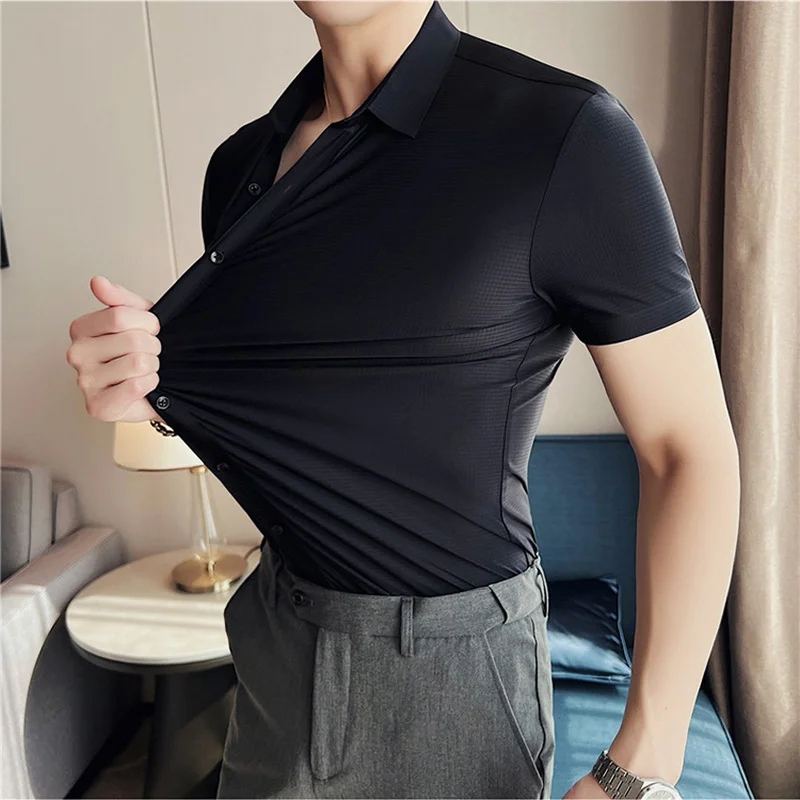 

2022 Elasticity Seamless Waffle Shirts for Men Summer Short Sleeve Slim Casual Business Dress Shirts Social Party Tuxedo Blouse