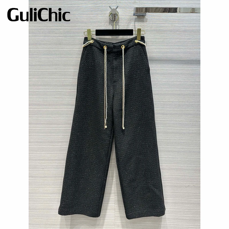 

11.24 GuliChic Women Temperament Casual Loose Pearls Chain Decoration Tweed Straight Pants