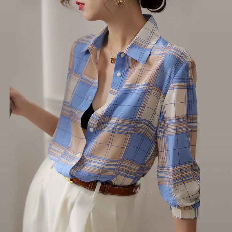 

Vintage Plaid Shirt Fashion Blouses Women 2022 New Feminine Clothes For Spring Long Sleeve Turn Collar Tops Mujer Camisas