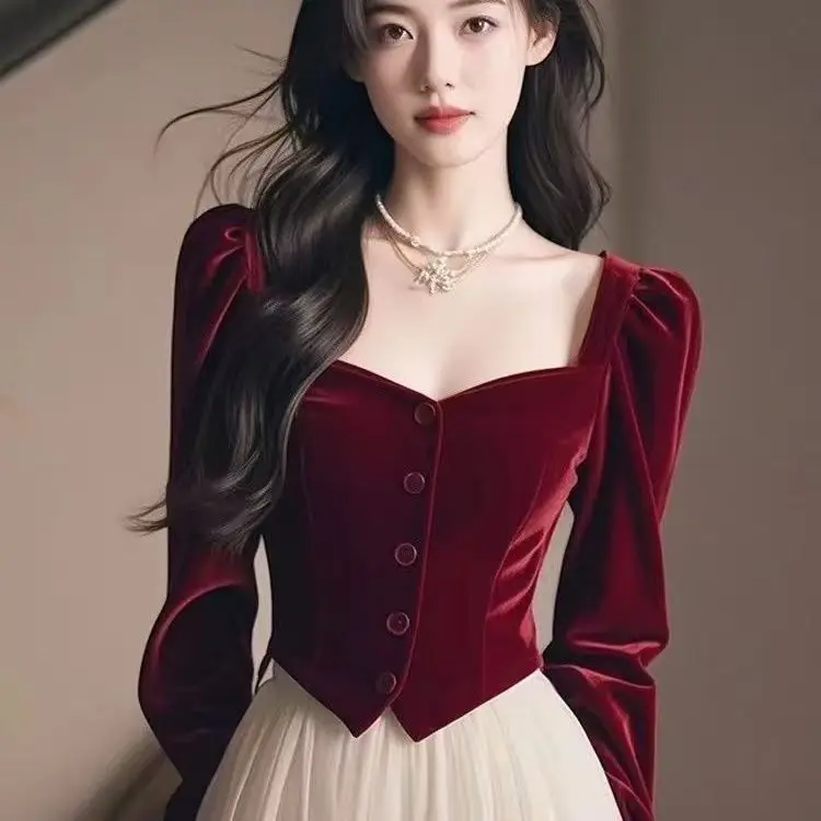 Роскошная французская синяя бархатная рубашка с квадратным воротником