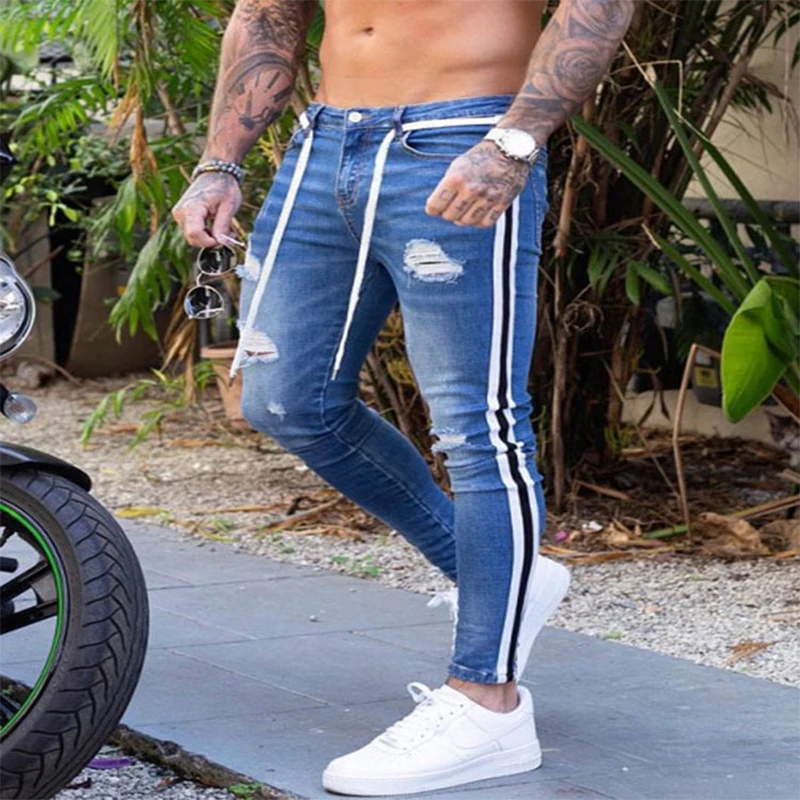 

Stripe Mens Ripped Skinny Jeans Hole Pencil Casual Pants High Quality Fashion Hip Hop Streetwear Biker Denim Trousers Blue 3XL
