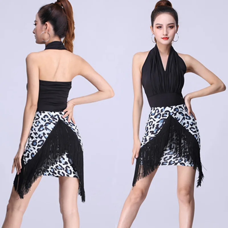 

Latin Dance Dress Versatile Irregular Female Leopard Print Hip Wrap Fringe Stitching Adult High Waist Latin Dance Skirt