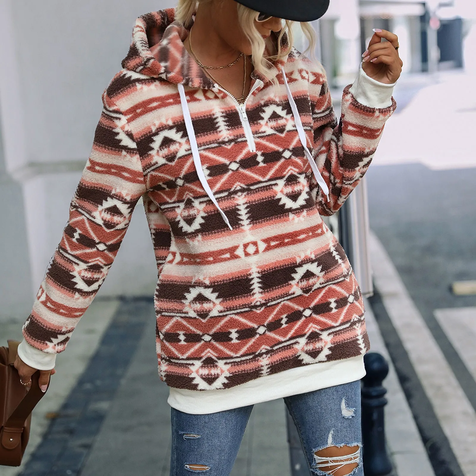 

women sweatershirt fashion street print winter warm thickened pullover casual quarter zipper sweater tops ropa de mujer