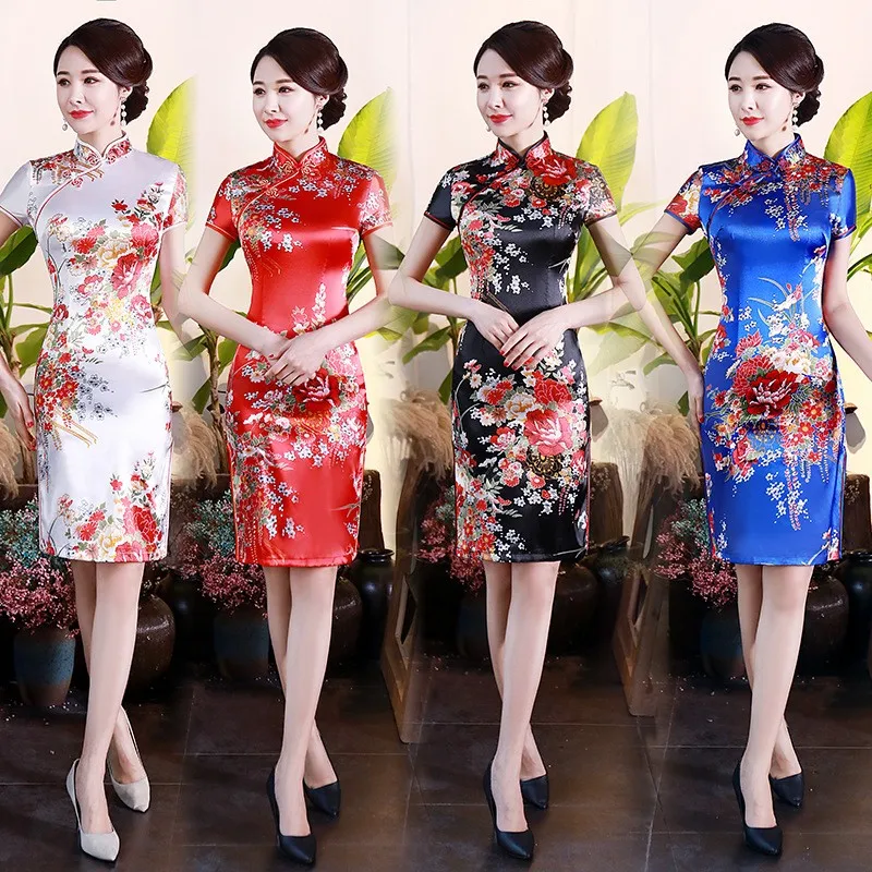 

S-6XL Satin Floral Women Cheongsam Elegant Slim Qipao Short Sleeve Chinese Dress Stage Performance Dress Female Party Dress