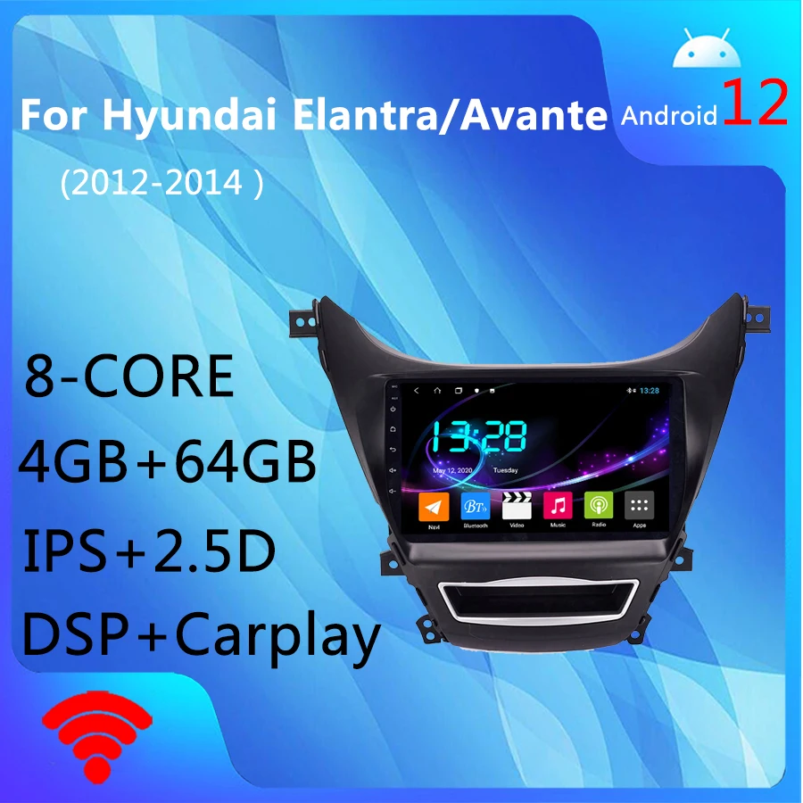 

Wanqi 8 ядер 4 + 64 Гб Android12.0 Carplay DSP RDS GPS навигация автомобильный Радио медиаплеер для Hyundai Elantra Avante2012 201-2014