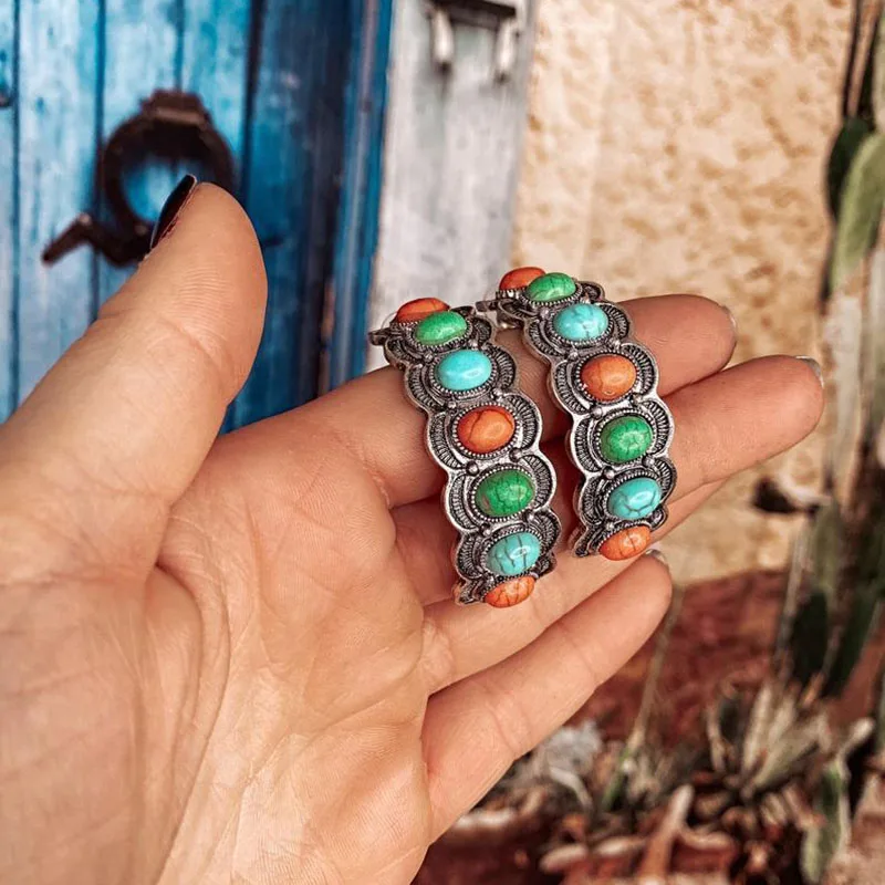 

Bohemia Style Half Circle Blue Stone Earring Retro Geometric Large Geometric Semicircle Multi Stone Beads Pierce Earrings Gifts