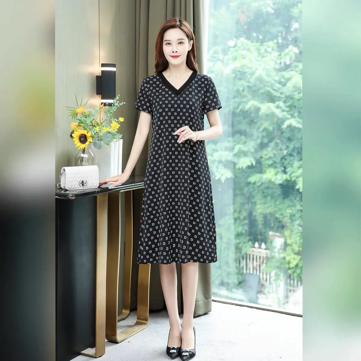 Стройнящие Платья с коротким рукавом и принтом свободные платья средней длины