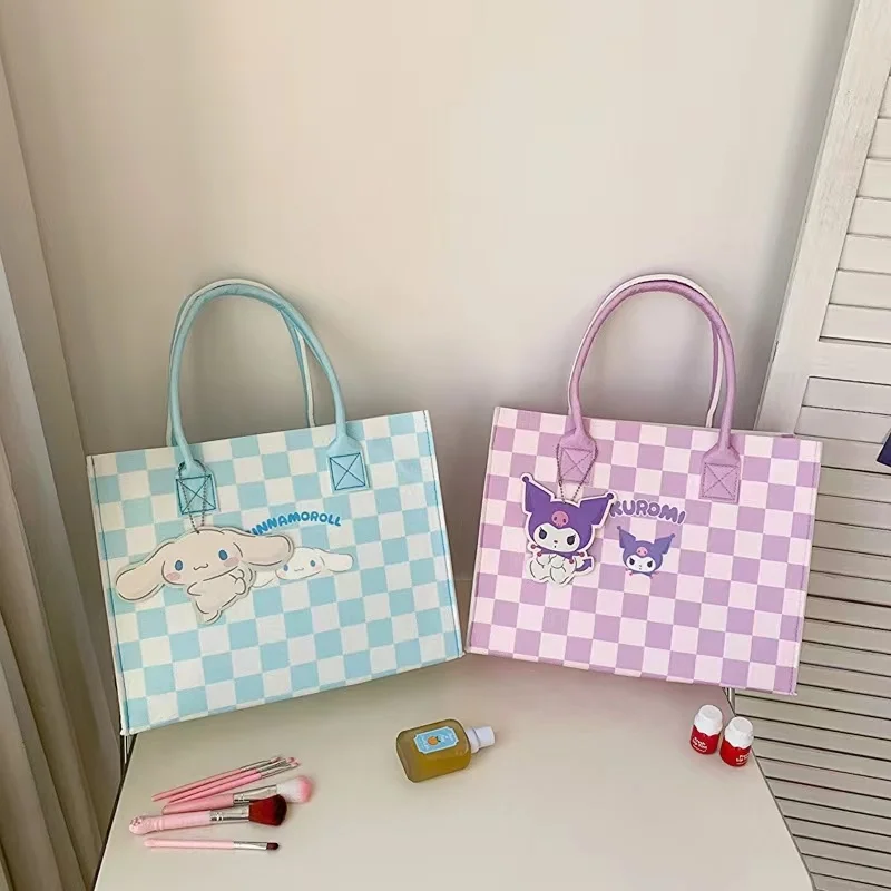 

Anime Sanrios Kawaii Handbag Cutecinnamoroll Kuromi Mymelody Cartoon Checker Felt Bag Large Capacity Tote Shoulder Bag Gift