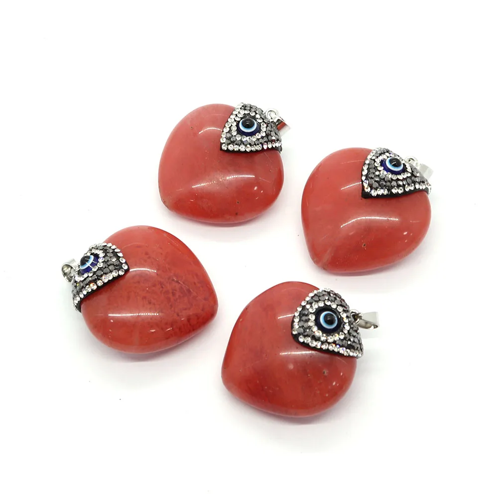 

1pc 35x40mm Natural Semi-precious Stone Evil Eye Red Agate Pendants Oval Shaped Agate with Rhinestone DIY for Making Necklace