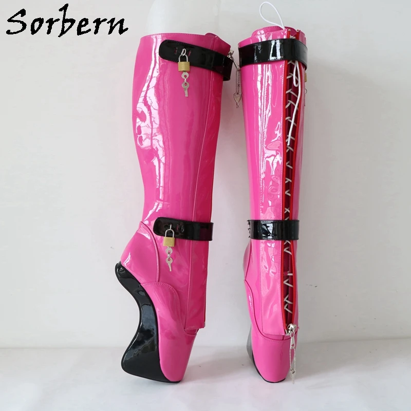 Sorbern Peach Black Patent Women Boots Knee High Ballet Hoof Ladies Heelless Lockable Lace Up Boot Fetish High Heel Shoes