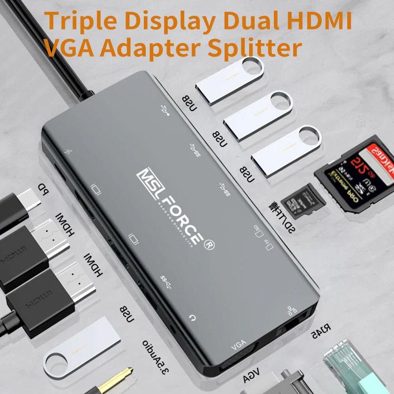 

MSL Docking Station USB Hub 3.0 Triple Display Dual HDMI VGA USB c Adapter Splitter for Xiaomi Laptops USB3.0 Hub PC Accessories