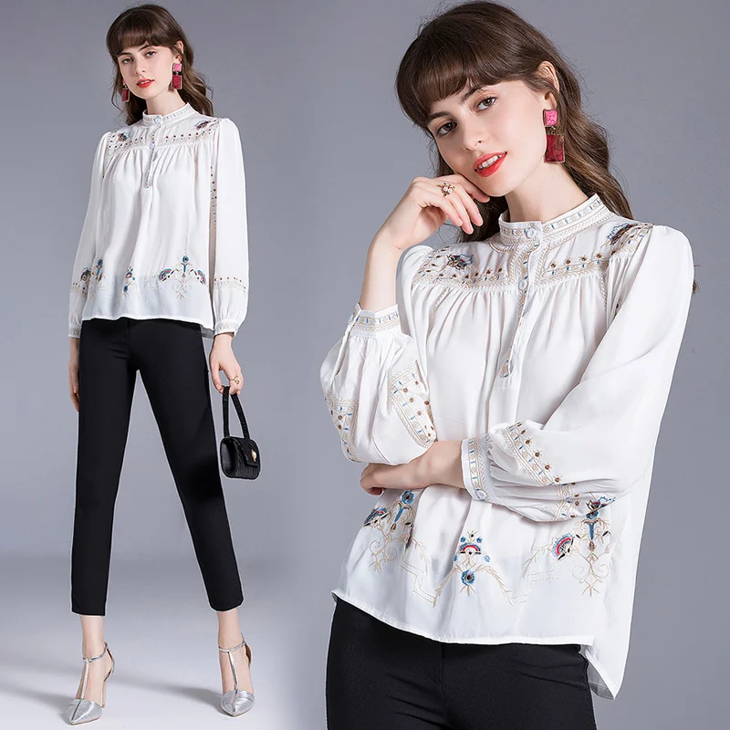 

Шифоновая женская блузка с вышивкой, рубашка с круглым вырезом для девочек, летняя свободная Модная Повседневная Топ с длинным рукавом, жен...
