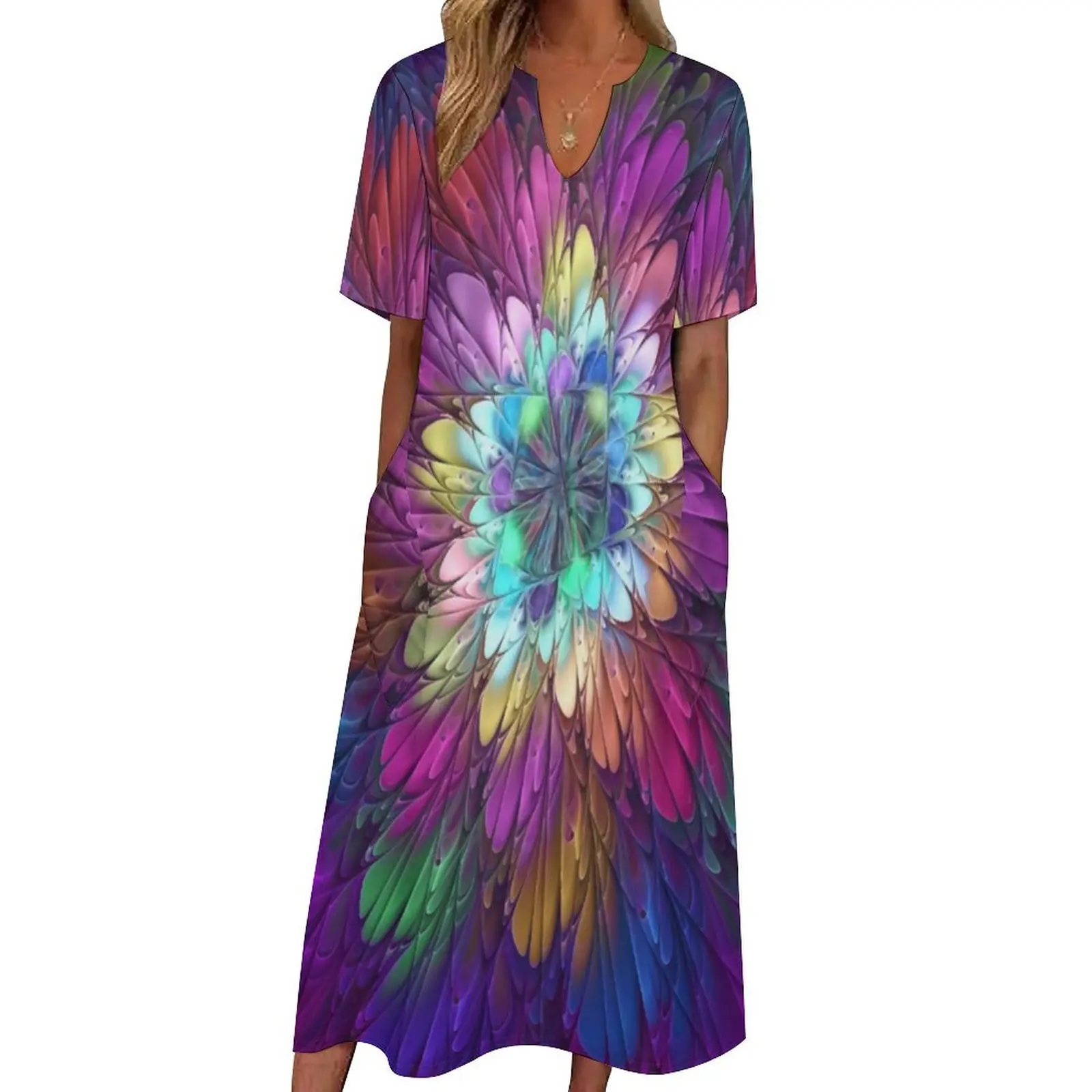 

Colorful Psychedelic Flower Dress Spring Abstract Fractal Art Street Wear Casual Long Dresses Women Custom Vintage Maxi Dress