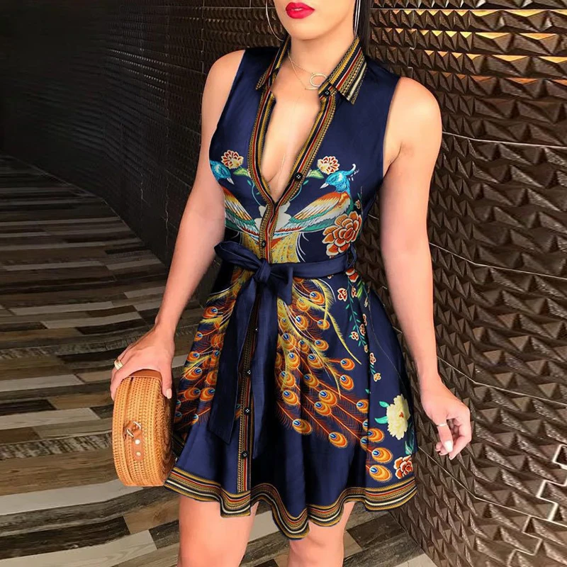 

Women Printed Long Sleeve Dress Casual Bandage Mini A-line Dresses Sexy Party Summer Feminias Vestidos Women Clothes
