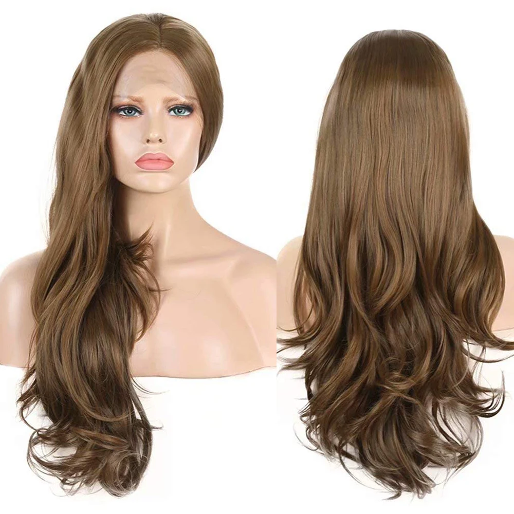 Коричневый волнистый парик 13x4 Синтетические кружевные парики для женщин Длинный