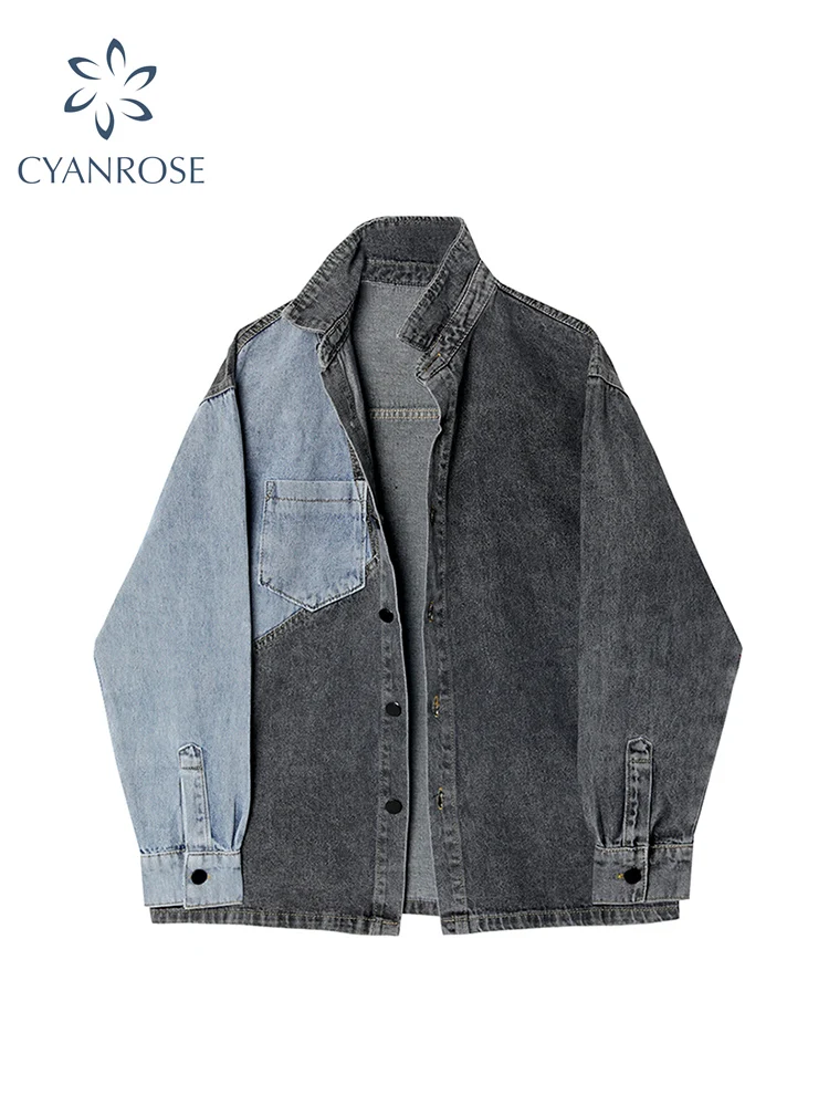 

2022 Autumn Fashion Patchwork Denim Jackets Women BF Style Korean Loose Long Sleeve Harajuku Oversize Casual Jean Coats Female