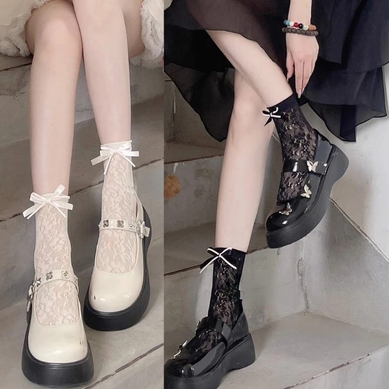 

Изысканные кружевные носки до щиколотки с милым украшением в виде банта, женский костюм для косплея