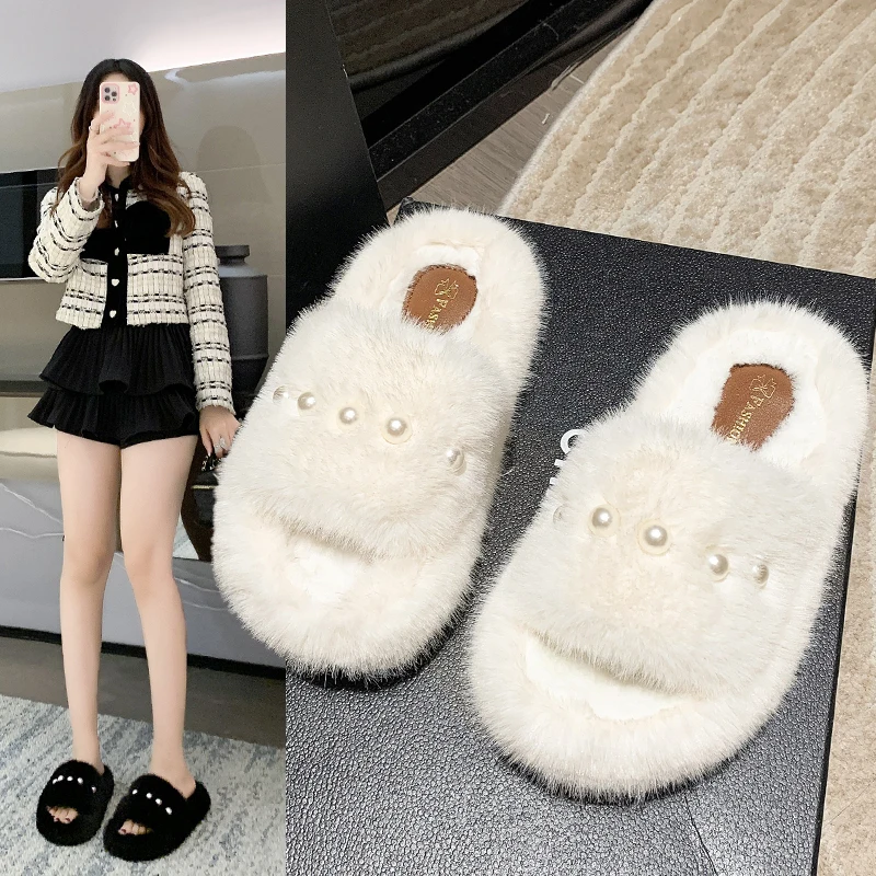 

String Bead Shoes Woman 2023 Flock Slippers Flat Med Big Size Loafers Fur Flip Flops Massage Plush Slides PU Fabric Rubber