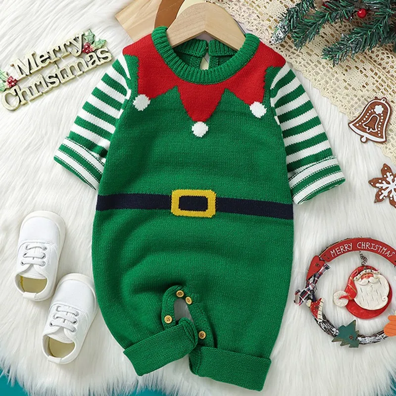 

Autumn Winter New Boy Girl Baby Striped Knitted Christmas Cap Long Sleeves Romper Infant Fashion Jumpsuit Newborn Kid One-piece