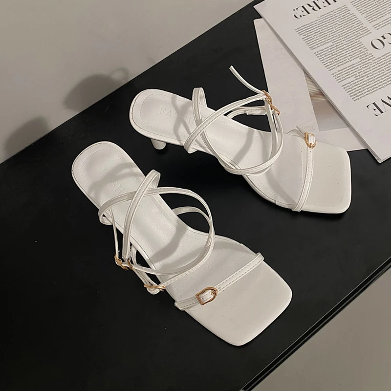 Neon Color Buckle Stripe Sandals Woman Fashion Square Toe Ankle Straps Sandalias Ladies Summer High Heel Party Pump Shoes