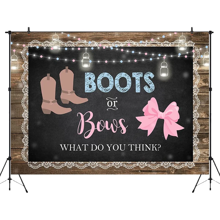 

7x5ft Boots or Bows Gender Reveal Backdrop He She What Do You Think Wood Baby Shower Photography Background Party Table Banner