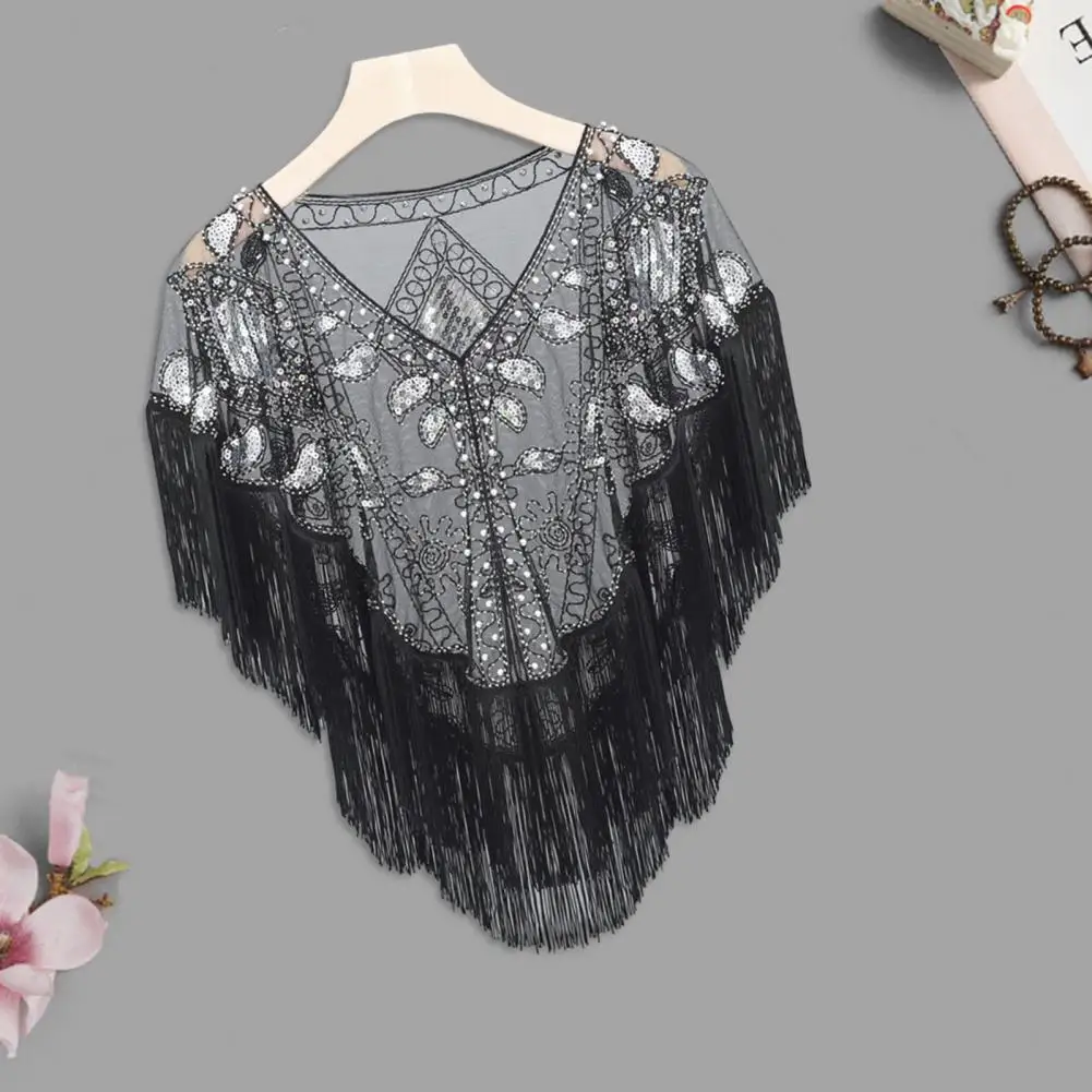 

Vintage Shawl 1920s Women's Sequined Shawl Tassel Fringe Beaded Faux Pearl Sheer Mesh Wrap Cape V Neck See-through Cover Up