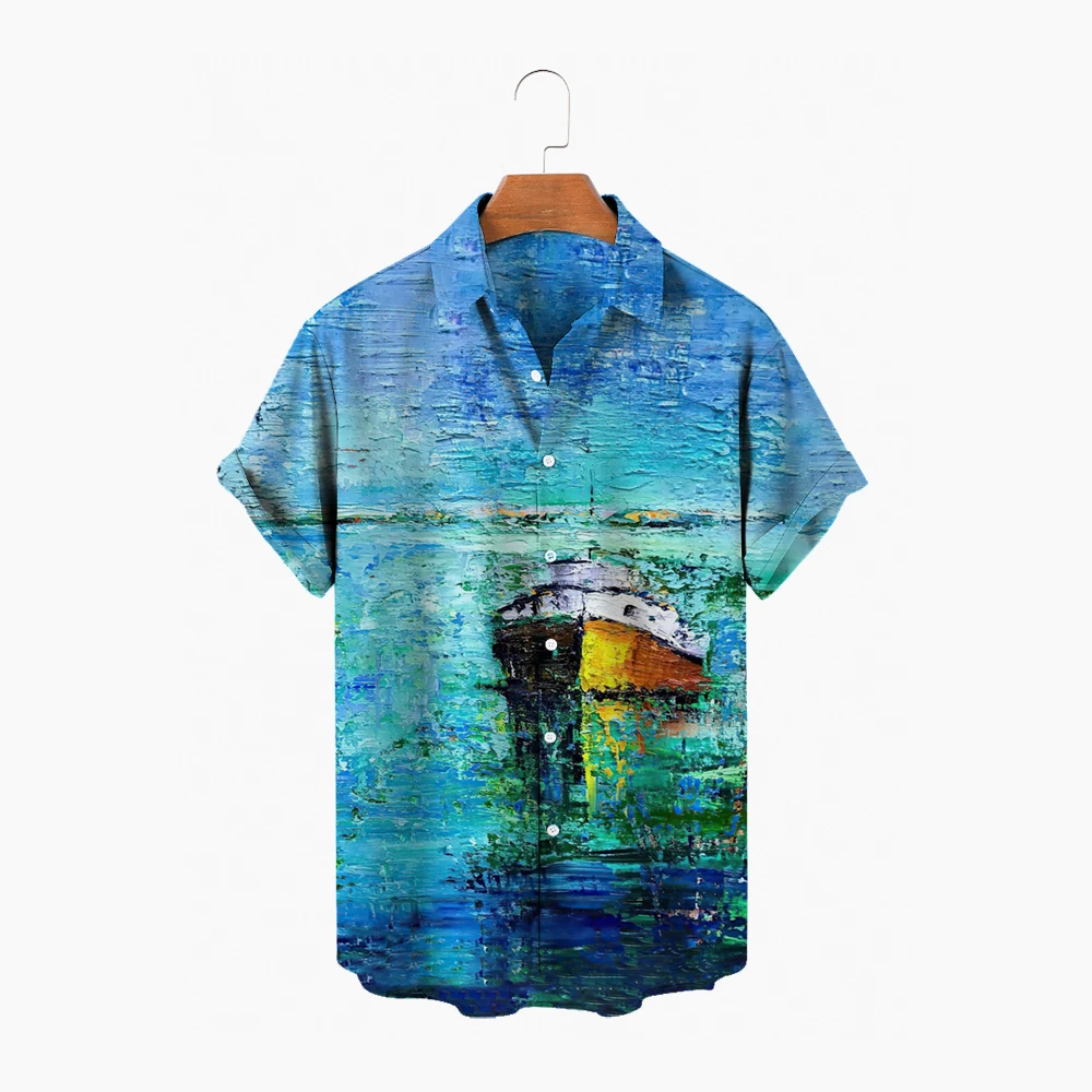 

2022 3D Blue Dream Ocean Oil Painting Short Sleeve Shirt Men's One Button Oversized Streetwear Hawaiian Beach Shirt S-5XL