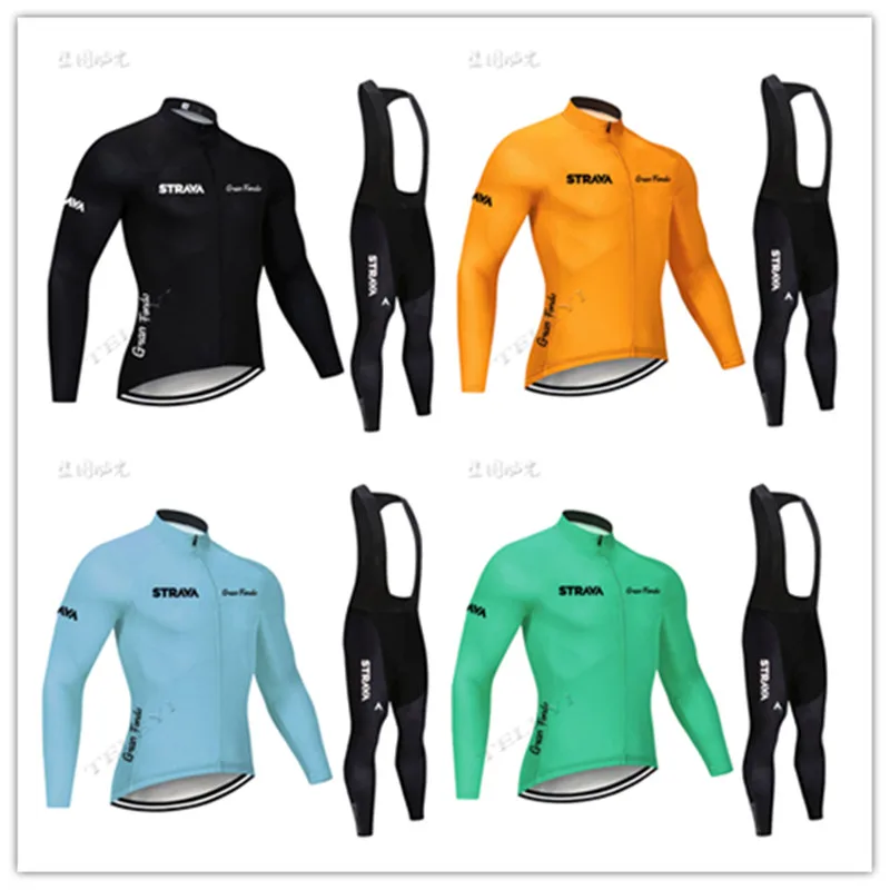

2019 STRAVA Men Cycling Clothing Ropa Ciclismo Bike Jersey Set Long Sleeve Cycling Jersey Gel Pad Bike Bib Pants Sui