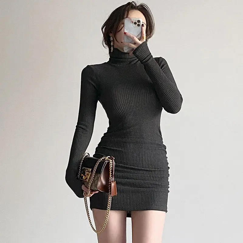 

원피스 Korean Fashion Knitted Sweater Dress Long Sleeve Women's Dress Trend Chic Vestidos Mujer Turtleneck Slim Bodycon Mini Robes