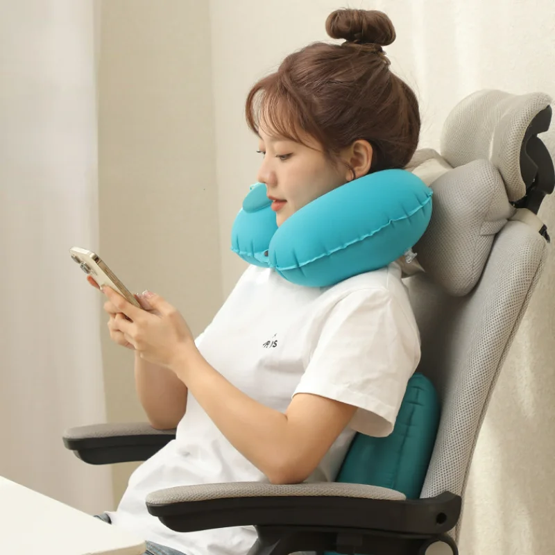 

U Shape Neck Cushion Automatic Air Inflatable Pillow Flocked Inflatable Pillows Use for Airplane Car Outdoor Travel
