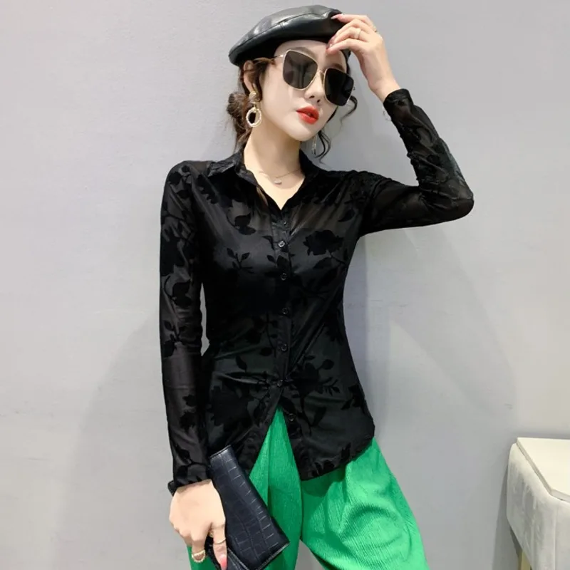 # 4204 зеленая черная сексуальная сетчатая рубашка женская тонкая повседневная