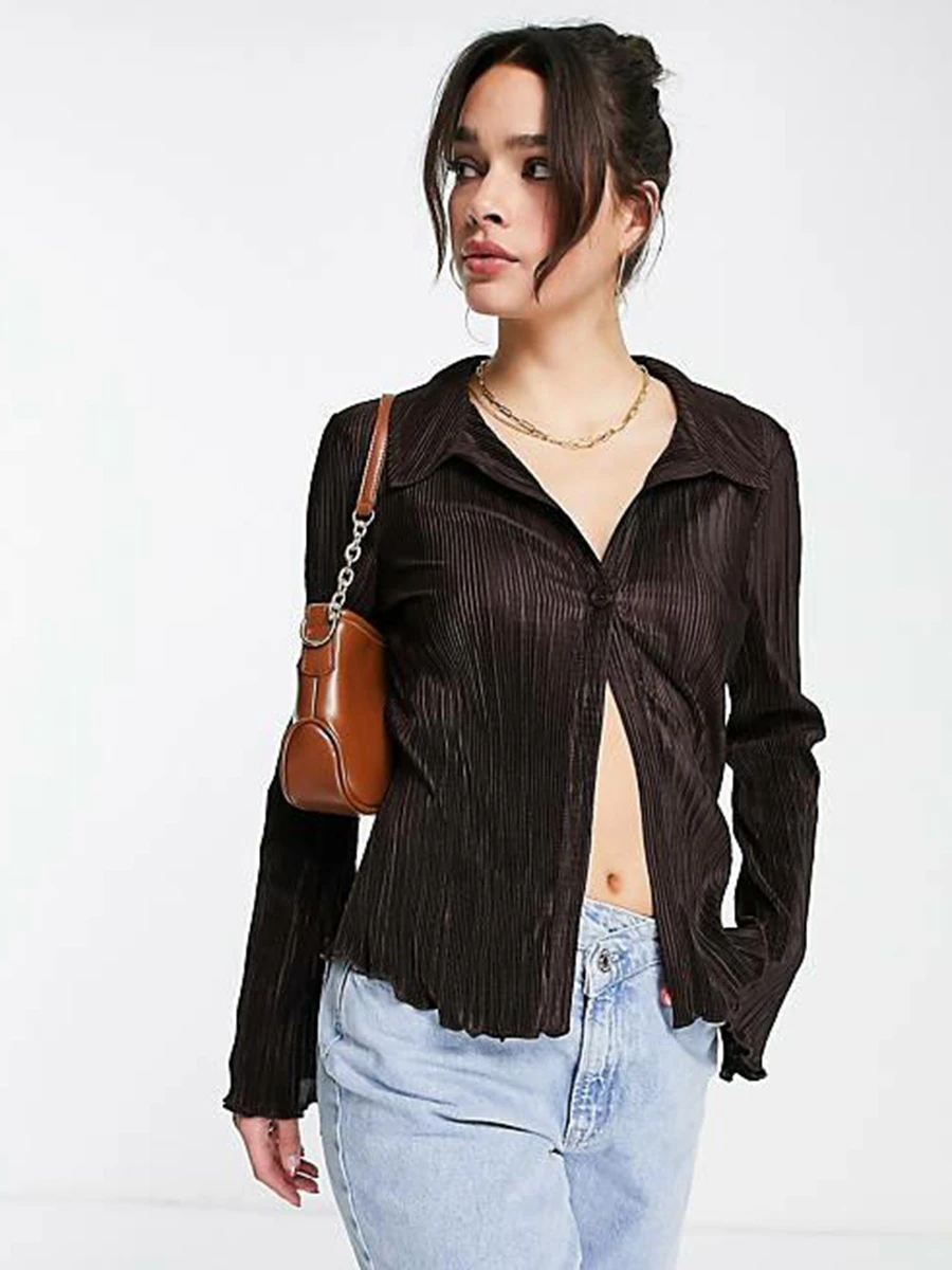 

HEZIOWYUN Women Wild Shirts Solid Color Turn-Down Collar Long Sleeve Blouses Spring Autumn Button-Down Casual Slim Fit Tops