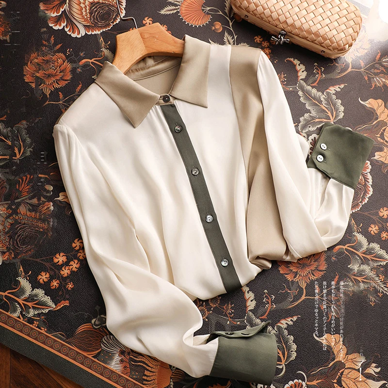 

Модная Трехцветная шелковая рубашка в стиле пэчворк, Женская офисная блузка из шелка тутового шелкопряда, женские элегантные топы на пуговицах с длинным рукавом, одежда 25253