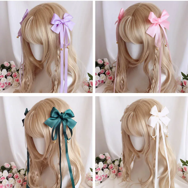 

2pcs Handmade Kawaii Lolita Hair Accessories Long Ribbon with Bow and Bells Hairpin Sweet Anime Cosplay Headdress 1 Pair Gift