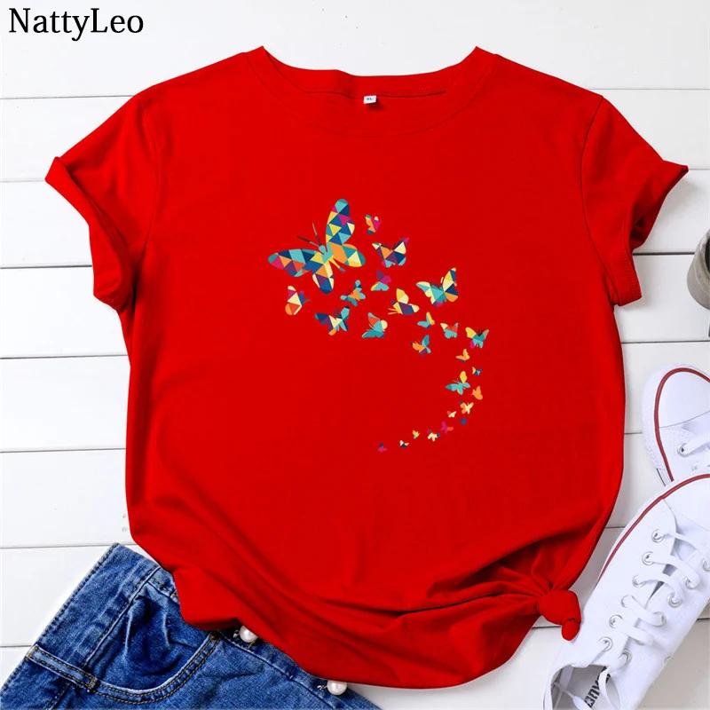 Футболка женская с круглым вырезом и принтом бабочек 100% хлопок | Женская одежда