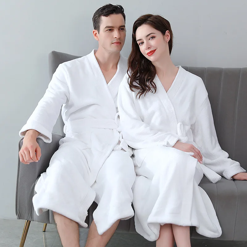 

Women Robe Long Sleeve Couple flannel Solid Bathrobe Autunm Winter New Loose Male Casual Nightwear Sleepwear Comfort Homewear