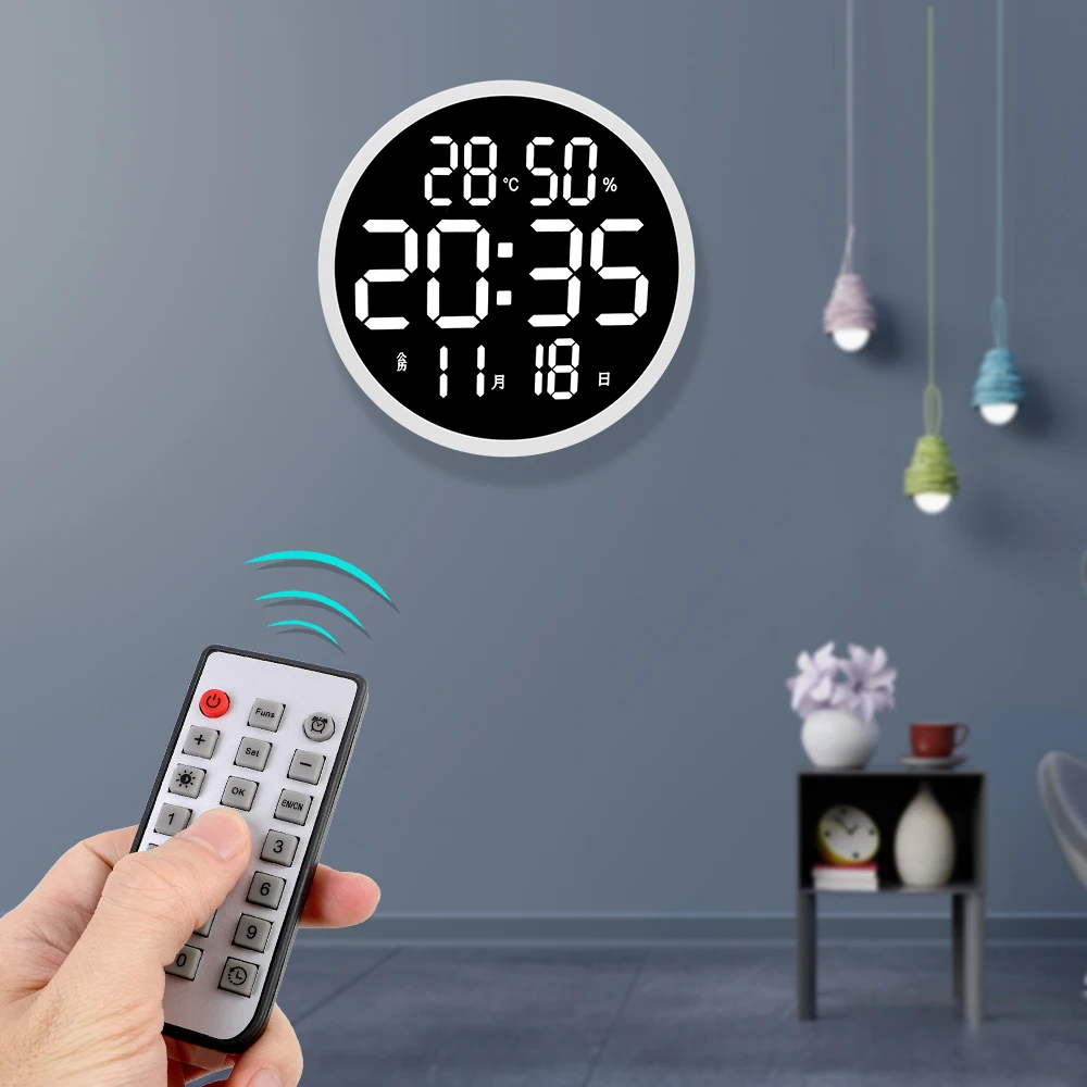 

Led Wall Clock Alarm Remote Control with Calendar Temperature Humidity Gift For Friends Home Decoration 12 inch Smart Brightness