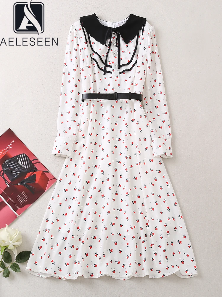 

AELESEEN Runway Fashion Women Dress 2022 Autumn Peter Pan Long Sleeve Floral Printed Bow Belt Elegant Party Vacation
