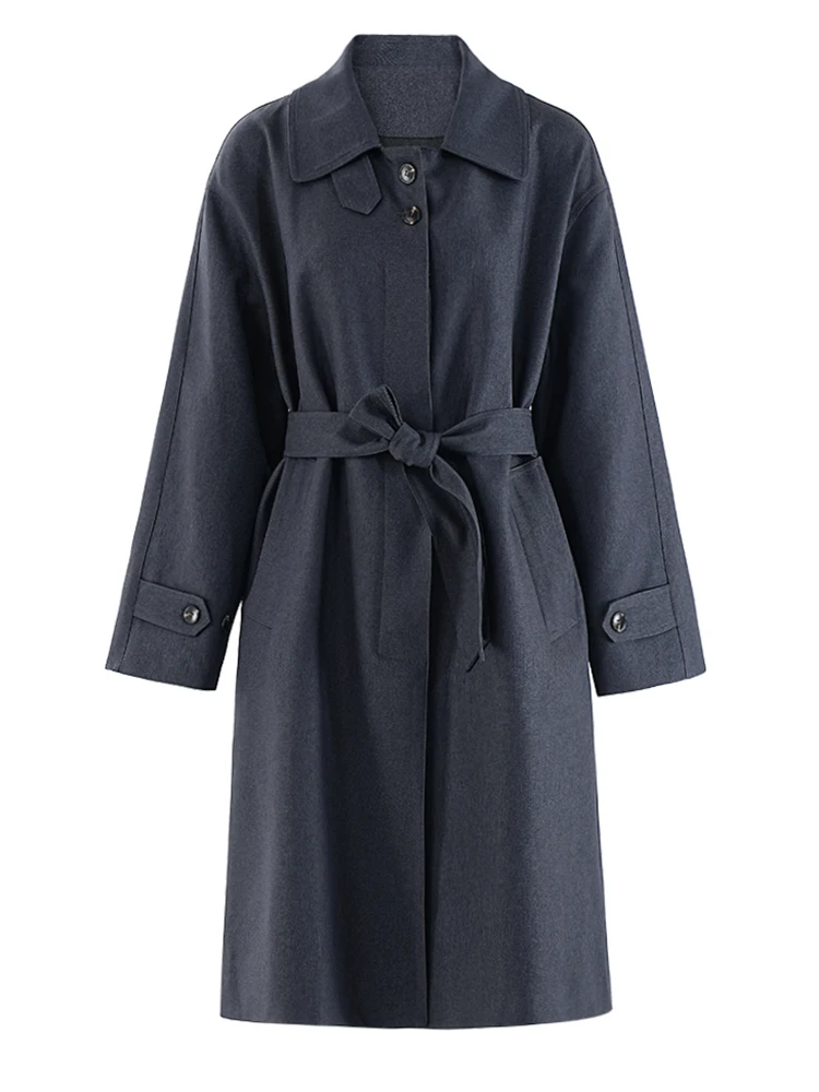 [EAM] Женский зеленый элегантный длинный плащ с поясом большого размера новый