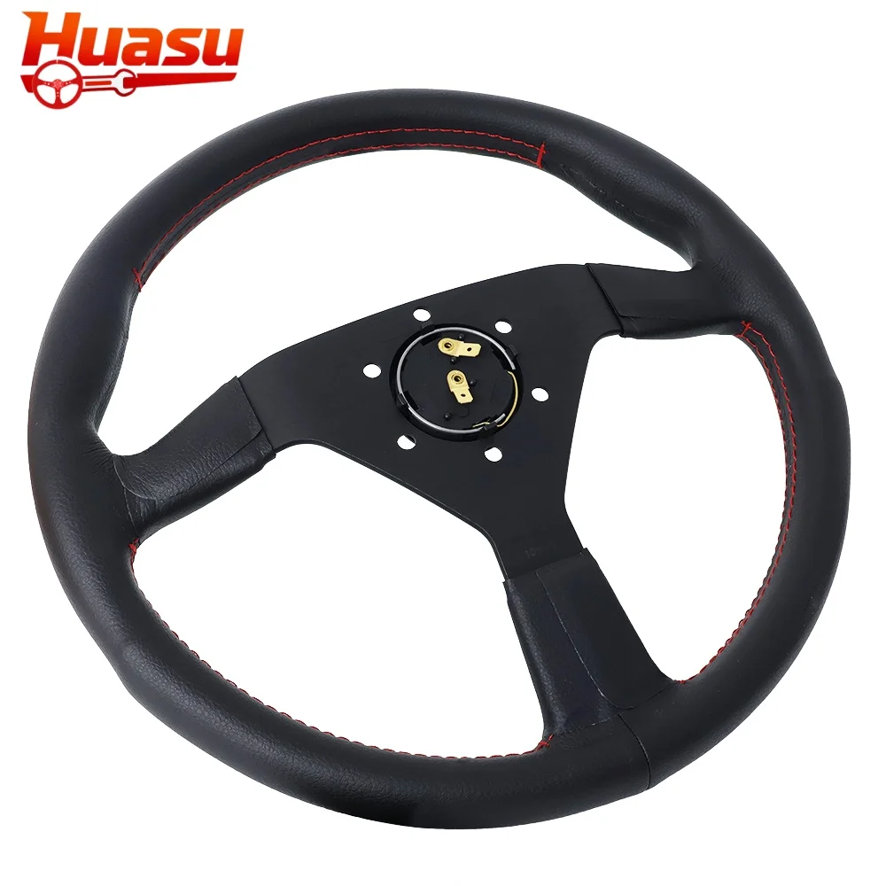 Фото Гоночный руль Italy V1, 14 дюймов (350 мм), из натуральной кожи, плоский, для модифицированных автомобилей, с красной строчкой, с алюминиевым кронштейном, подходит для Ferrari №5