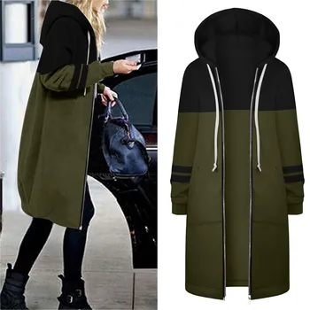 Spring Zip Up Hoodie Women's Warm Zipper Open Hoodies Sweatshirt Long Coat Jacket Top Outwear Patchwork Hooded Sweatshirts Bluza 1