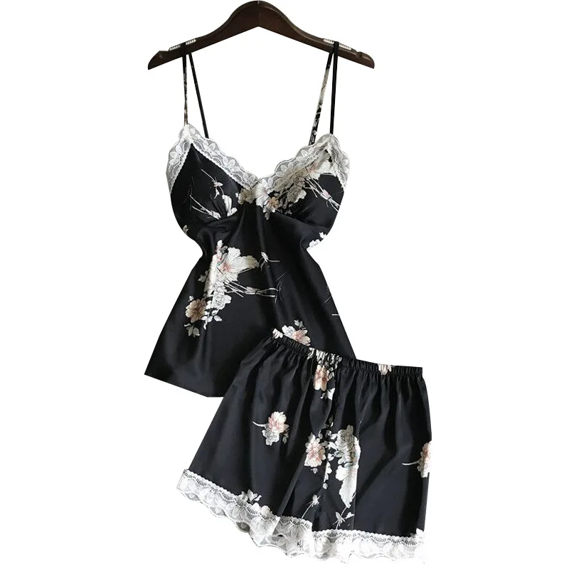 Women's Sleepwear 2 Pcs Sets Tops+Shorts Floral Printed Sexy Lace Satin Sleeveless V-neck Pyjama Sets With Pads