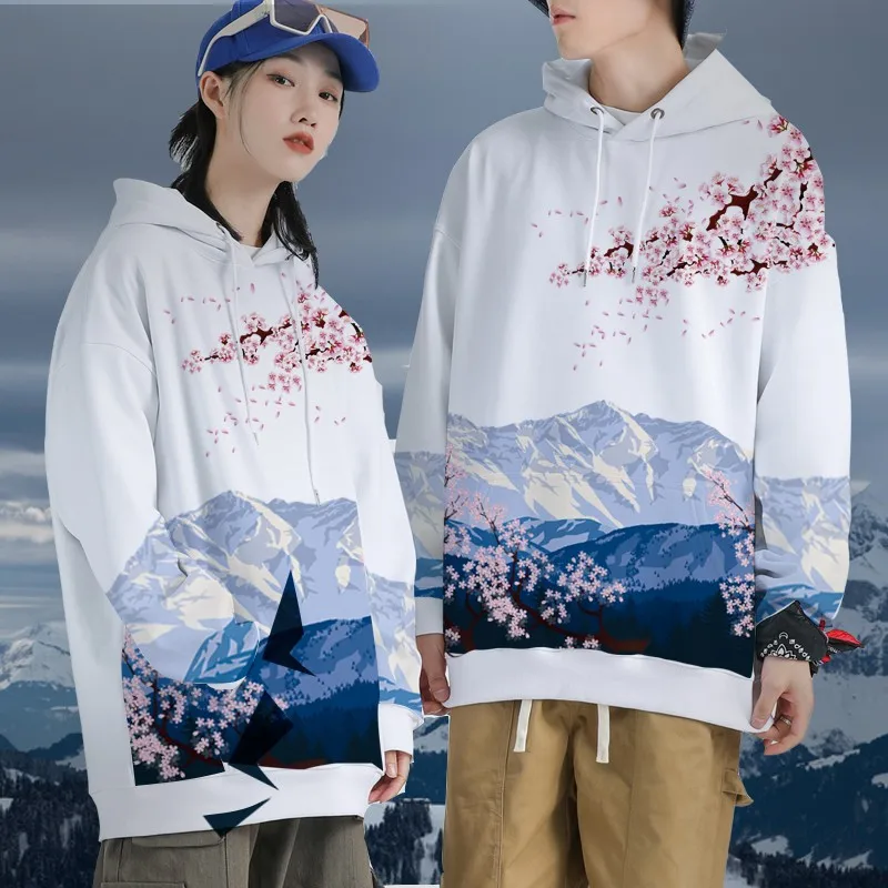 Fuji Mountain Cherry Blossom Sweater Men's Loose S-7XL Casual Hooded Fresh Student Youth Long Sleeve Plush Autumn Winter New